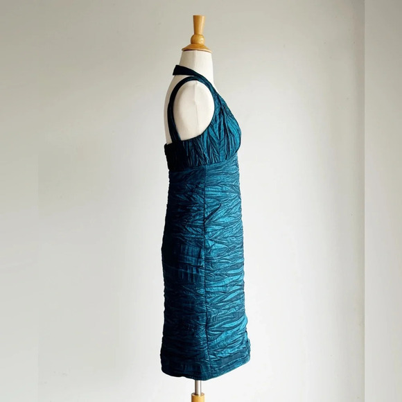 Vintage Niki Livas Teal Crinkle Satin Dress | 2000s Bodycon Mini | Y2K Cocktail - Picture 5 of 11